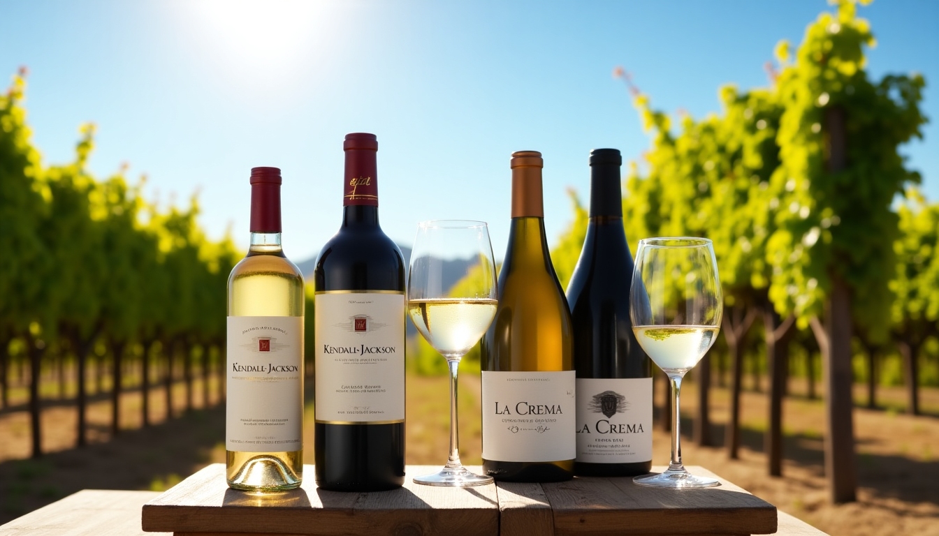 An assorted display of Jackson Family Wines brands featuring bottles of Kendall-Jackson and La Crema wines with vineyard scenes in the background.