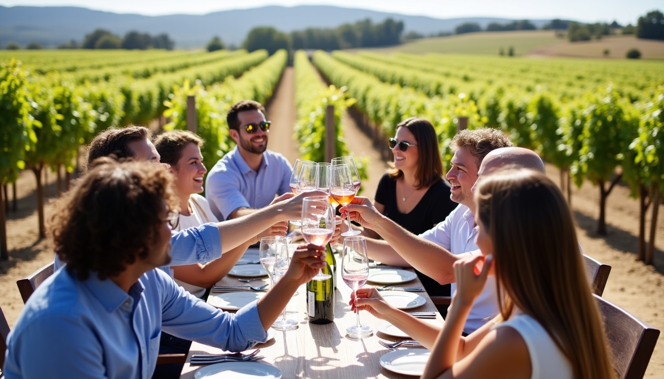 A winery event at a Jackson Family Wines vineyard with guests enjoying wine tasting in a scenic vineyard setting.