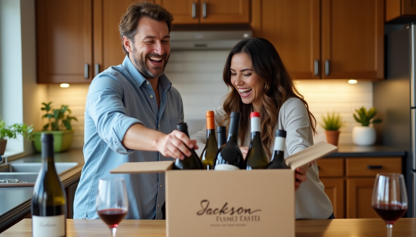 A cheerful couple enjoying a wine club shipment from Jackson Family Wines at home, surrounded by wine glasses and curated food pairings.